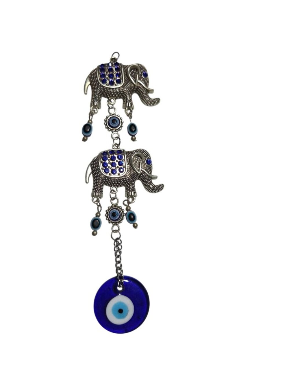 Elephant Evil Eye Pendant Blue Glass Disc Beads Silver Tone Mediterranean Charm